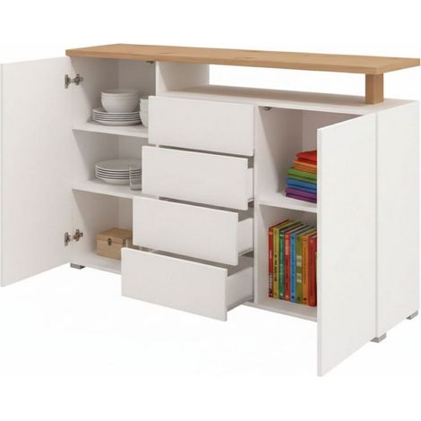Levate Anrichte, 4 Schubladen, 4 Regale, Tür- und Schiebetüren, 154x40x94h cm Weiß