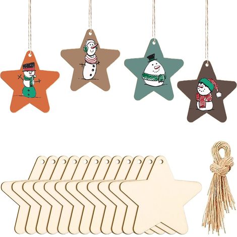 Lot de 50 étoiles de Noël en bois – Ornements prêts à suspendre avec ficelle, décorations de sapin festives et naturelles (1/5)