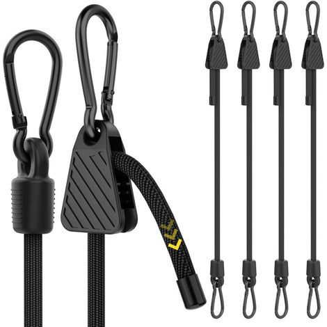 Lot de 4 tendeurs réglables de 100 cm avec mousquetons pour l'extérieur, Longueur Facile à régler, Cordes élastiques Noires avec Crochets aux Deux extrémités pour Portevélos, bâche, Jardin (1/5)