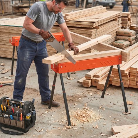 Lot de 2 Tréteaux Pliables Métal, Charge 500 kg, Portables, Hauteur Réglable 71-85,5 cm, Orange (1/5)