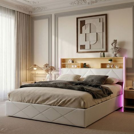Letto cofano - POCKETPOP - 140x190 - PU bianco - Testata letto LED e USB