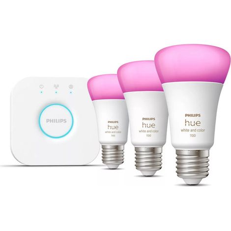 Philips Hue White and Color Ambiance, Kit de démarrage 3 ampoules E27, 75W, Bluetooth, fonctionne avec Alexa, Google et Homekit