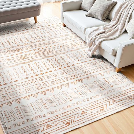 Tapis Salon, 1,5 x 2,4 m, Grand Tapis Chambre Lavable Antidérapant, Poils Courts et Denses, Résistant aux Griffures Animaux, Doux Confortable, Style Moderne, pour Chambre, Bureau, Entrée, Beige (1/5)