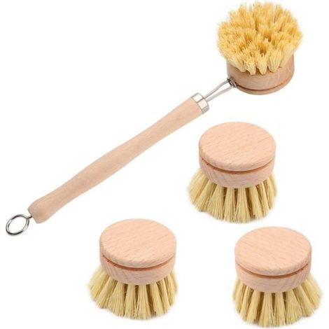 Brosse a Vaisselle De Cuisine, Brosse À Vaisselle Longue Manche,Brosses De Nettoyage En Bois Avec 3 Têtes De Rechange - 1Set-Ywey (1/5)