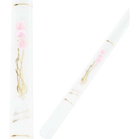 Candela da battesimo, bianca, liscia, con fiori rosa e decorazioni dorate. (1/2)