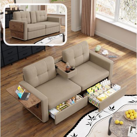 Canapé 2 places chenille khaki avec rangement et tablettes réglables pour petit espace - CHICFURN (1/5)