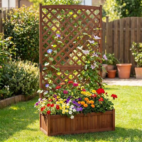 Raised Planter With Trellis, Fir Wood, Drainage Holes, 90 x 44.5 cm (1/3)
