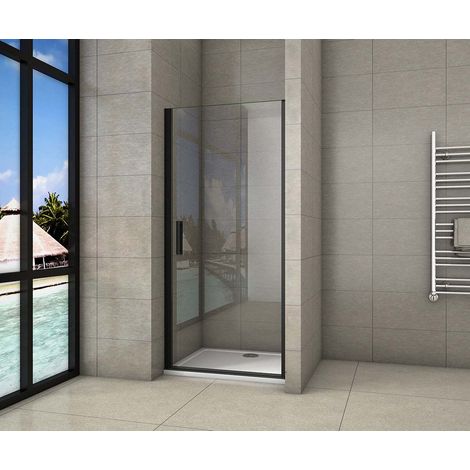 Aica Sanitaire – Porte de douche pivotante 90x200cm – Installation en niche – Noir mat – Verre 8mm anticalcaire – Accès réversible (1/5)