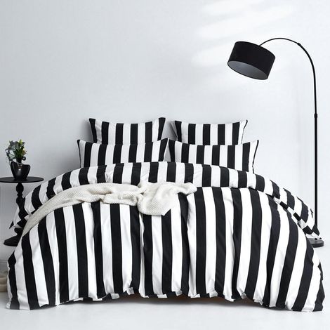 Bettwäsche 200x200 cm Baumwolle Schwarz Weiß Gestreift, 3-teilig, mit Reißverschluss