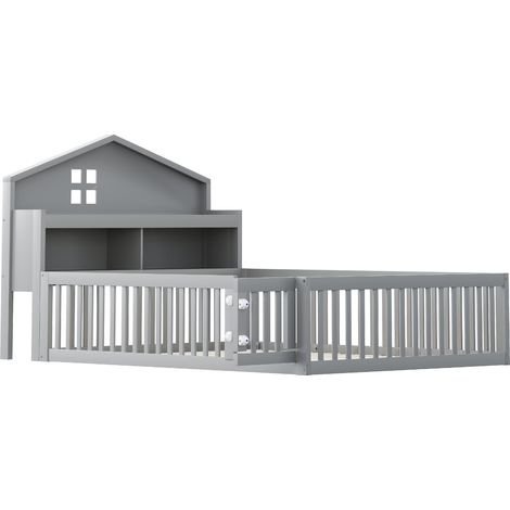 Kinderbett Haus grau 140 x 200 mit Stauraum, Schutzgitter und Lattenrost (1/5)