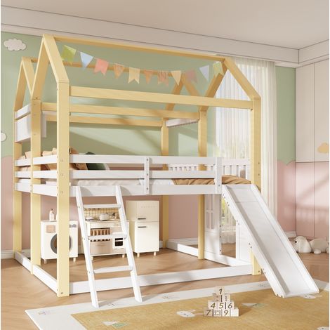 Letto a soppalco per bambini 90x200 cm stile cabina con scivolo e scaletta reversibili, bianco e legno naturale, salvaspazio (1/5)