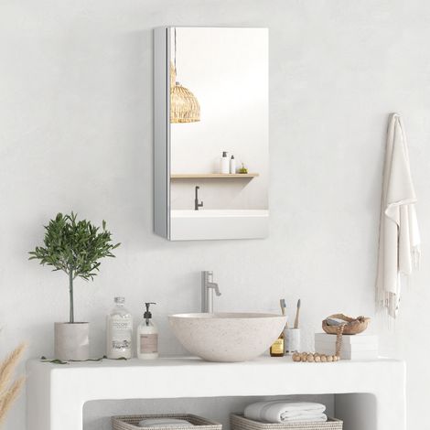 Mobiletto da bagno HOMCOM con specchio, pensile con anta, 2 ripiani e struttura in acciaio inox, 30x14x55 cm, argento. (1/5)