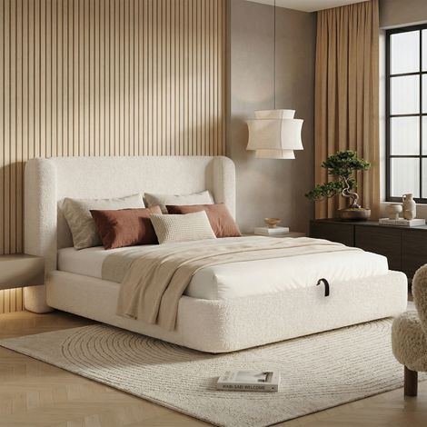 Lit coffre 180x200 cm en bouclé beige, lit double adulte avec tête de lit rembourrée, cadre métal renforcé et sommier inclus