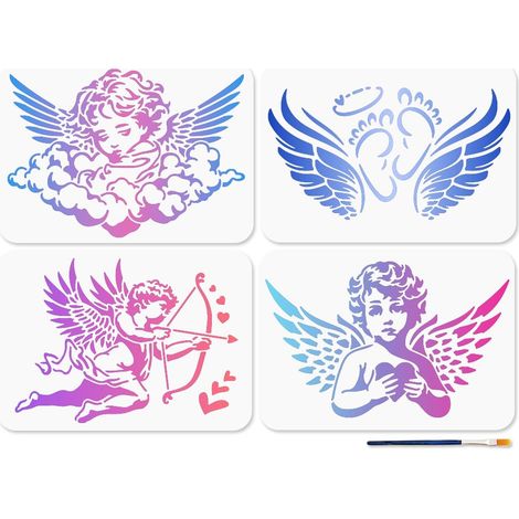 4 Pochoirs pour Peinture Angel Cupidon 29.7×21cm Réutilisable Ailes D'Ange Pochoir pour Artisanat Saint Valentin Peinture Modèle avec Pinceau pour Sol Mur Carrelage Tissu Meubles Décoration (1/5)