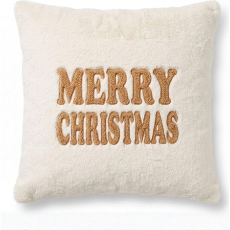 HOMESCAPES Festive Faux Fur Cushion – Embroidered Holiday Greeting (1/4)