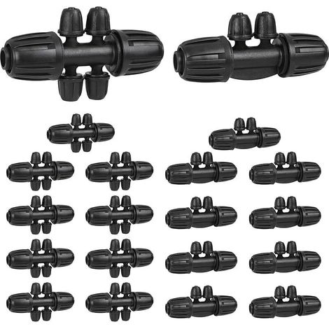 Paquete de 20 kits de riego por goteo de 1/2 pulgada a 1/4 de pulgada para tuberías de riego de 16 mm, conector para manguera de jardín (10 piezas de 4 vías, 10 piezas de 6 vías)