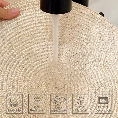 4 manteles individuales redondos tejidos, lavables, antideslizantes y aislantes (beige, 38 cm) (1/4)