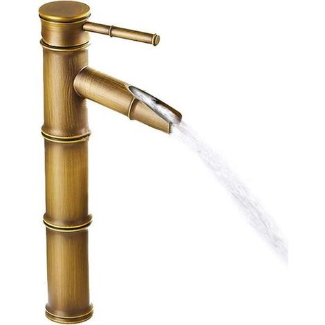 Hohe Bambusarmatur, Wasserfall-Waschtischarmatur, Einloch-Waschtischarmatur, bronzene Badezimmerarmatur (1/5)
