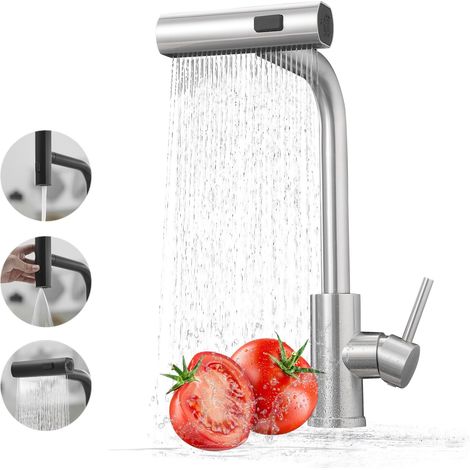 Robinet Cuisine Cascade 360°–Mitigeur Douchette 3 Jets Inox Brossé (1/5)