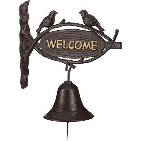 Cloche sonnette en fonte antique 'Bienvenue' avec oiseaux Dimensions 20x25cm Cordon 30cm Poids 1,6kg pour montage mural (1/5)