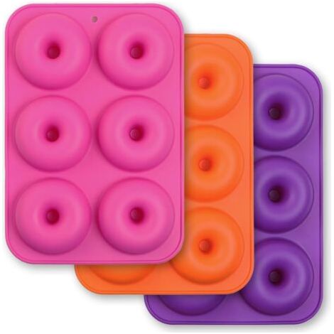 Juego de 3 moldes de silicona para donuts con 6 cavidades, antiadherentes, fabricados con silicona de grado alimenticio y libres de BPA. (1/5)