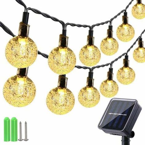 Guirnalda de luces solares para exteriores - 9 m, 50 luces LED, con bola de cristal, 8 modos de iluminación, resistente al agua IP65, ideal para jardín, patio, carpa y bodas (blanco cálido).