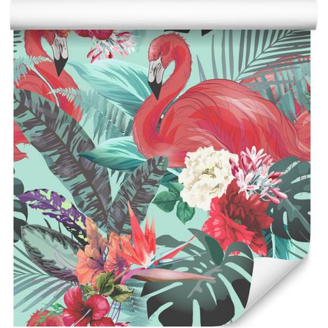 Papel pintado de flamencos, flores y naturaleza para salón y dormitorio, 50x1000 cm. (1/5)