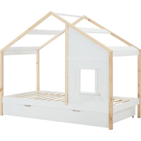 Letto a casetta 90 x 190 cm con cassetto - Pino e MDF - Bianco e naturale - RINELYA