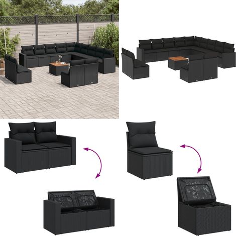 14-tlg. Garten-Sofagarnitur mit Kissen Schwarz Poly Rattan - Gartenmöbel Set - Esszimmergarnitur Outdoor - Lounge Möbel - Rattan Gartenset - Balkonmöbel - Home & Living (1/5)