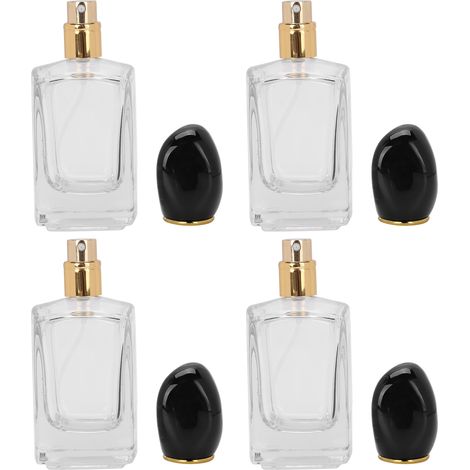 Lot de 4 flacons de parfum rechargeables en verre, vides, avec vaporisateur et diffuseur de parfum (50 ml), couvercle noir. (1/5)