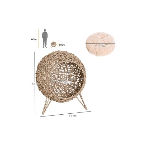 Maison pour chat couleur naturelle en rotin avec coussin et pieds surélevés, Ø52 x 58 cm, pour salon, chambre et terrasse (1/5)