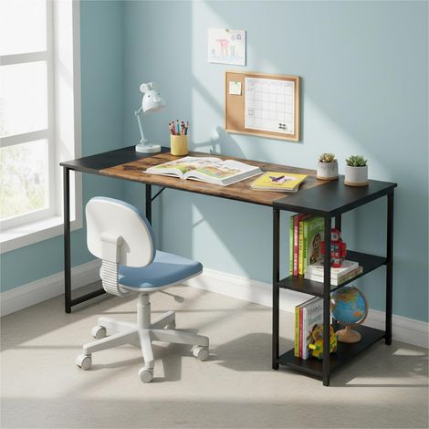 Bureau Chambre Enfant/Ado, 120 x 60cm, Plateau Bi-Couleur Rétro Marron et Noir, 2 Etagères Latérales-Réglage en Hauteur, Structure en Métal, Grands Espaces Rangement (1/5)