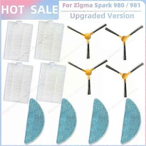 Ersatzteile, die mit dem Staubsauger Zigma Spark 980/981 kompatibel sind: Seitenbürste, Haupt-HEPA-Filter und Reinigungstuch. (1/4)