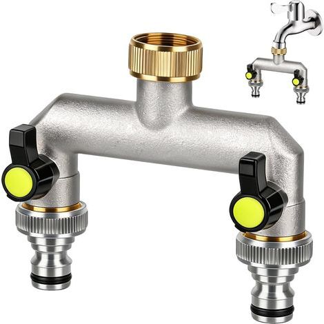 Distributeur d'eau en laiton, 3/4 pouce, distributeur à 2 voies avec 2 vannes à bille séparées, répartiteur pour tuyau d'arrosage, raccord pour tuyau d'arrosage (1/5)