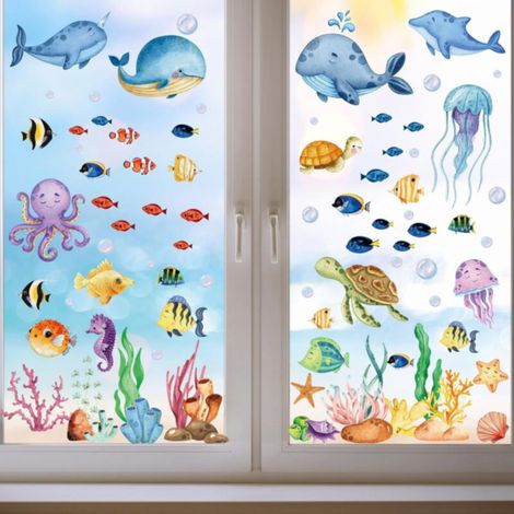 Set mit 134 abnehmbaren Wandaufklebern für Fenster, Ozean-Thema, für Wohnzimmer, Badezimmer, Kinderzimmer (1/5)