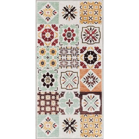 Tapis cuisine 70 x 180 cm motif géométrique, multicolore beige vert, texture kilim tissée, design original et chaleureux pour le salon