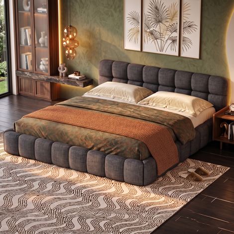 JOOKGBD–Letto Matrimoniale Imbottito 140x190 cm,Testiera con Bordo Morbido,Rete a Doghe,Struttura in Metallo,Letto per Adolescenti,Lin,Grigio