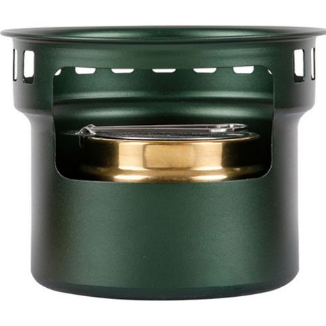 Réchaud à alcool portable, petit modèle en alliage d'aluminium et laiton, coupe-vent, pour camping et pique-nique, vert foncé. (1/4)