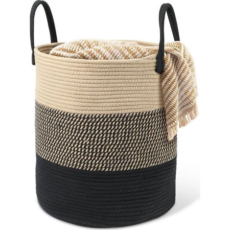 Panier à linge tressé en coton - 45 l - Avec anse - Panier à linge tressé - Panier de rangement pour chambre d'enfant, salle de bain - 35 x 40 cm - Beige et noir (1/5)