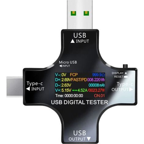 Testeur USB Multimètre USB C Meter de Courant et de Tension 3.3-30V 0-5.1A Tester 2 en 1 Voltmetre Amperemetre Capacité Alimentation Wattmètre Chargeur Détecteur (1/5)