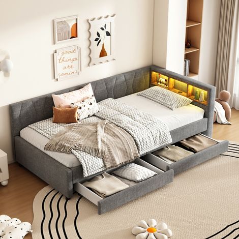 MEUBLIV Cama 90x200 cm gris con cajones, LED y USB-C, sin colchón (1/5)