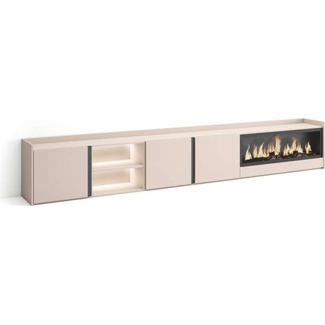 Mueble TV Benahavís-02 de 315x50x35 cm con chimenea eléctrica y luces LED, color beige (1/4)