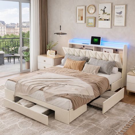 Lit capitonné 160x200 cm avec LED et USB, lits double avec 3 tiroirs, lit adulte avec sommier à lattes,tete de lit avec rangement, pour adultes et adolescents, velours, beige (1/5)