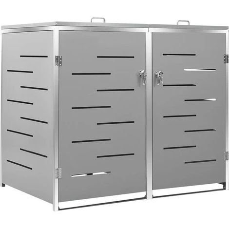 Un abri pouvant accueillir deux poubelles, mesurant 138 x 77,5 x 112,5 cm, en acier inoxydable. (1/5)