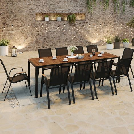 Conjunto de muebles de jardín NOUMEA Tablero de cristal templado efecto madera 240 cm y 10 sillas apilables de color negro y mad