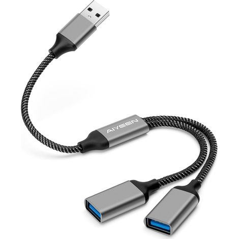 Câble répartiteur USB, adaptateur répartiteur USB A 1 entrée 2 sorties, hub double port pour transfert de données/chargement, rallonge supplémentaire pour voiture/ordinateur portable/Mac/PC (gris) (1/5)