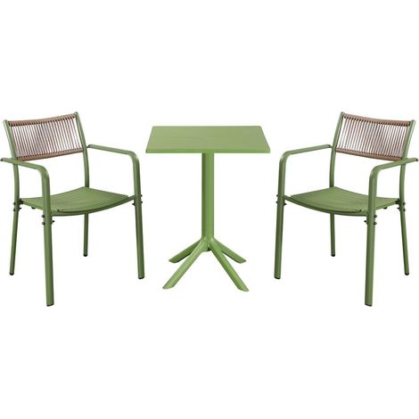 3 Piece Bistro Garden Set with 2 Rope Back Armchairs and Square Table - Plastic/Metal - L56 X W54 X H80 cm - Moss Green - Flat Packed
