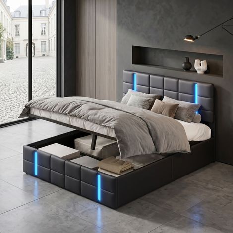 Comanlai - Lit Coffre 160x200 cm avec USB et Type-C, Lumière LED, Lit Capitonné avec Rangement, Lit Double, Fonction hydraulique lit pour adulte jeunesse, PU (Noir, 160x200 cm) (1/5)