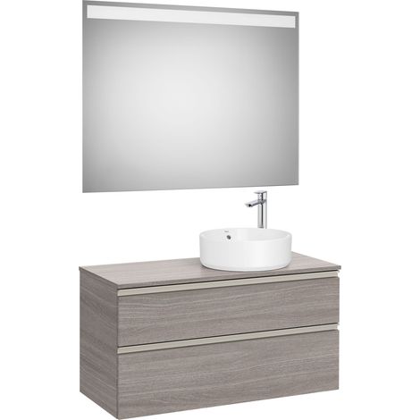 Pack meuble "The gap" 1000 pour vasque à droite - 2 tiroirs + plan + miroir LED - city oak/poignées nickel mat - Roca (1/2)