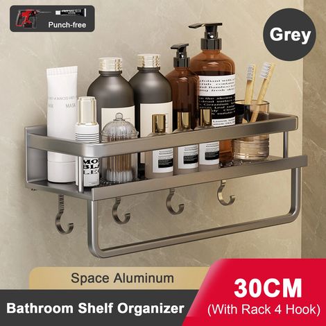 Étagère de salle de bain (30 cm, grise) sans perçage, en aluminium, à suspendre au mur. (1/5)